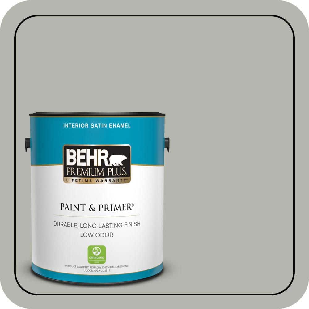BEHR PREMIUM PLUS 1 gal. #PPU25-08 Heirloom Silver Satin Enamel Low Odor Interior Paint & Primer (1)