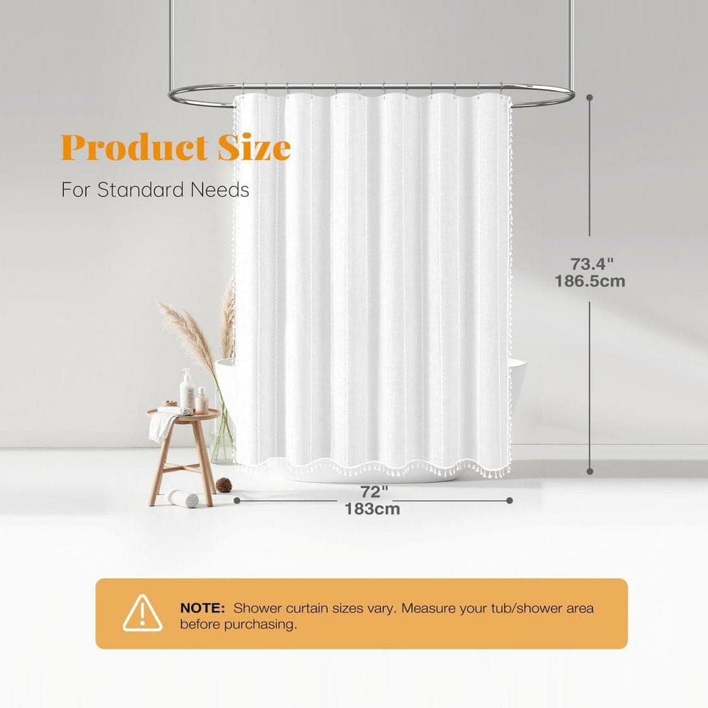 Wudkey 72 in. W x 72 in. L Boho Linen Striped Heavy Duty Fabric Farmhouse Shower Curtain in White with Tassel for Bathroom (2)