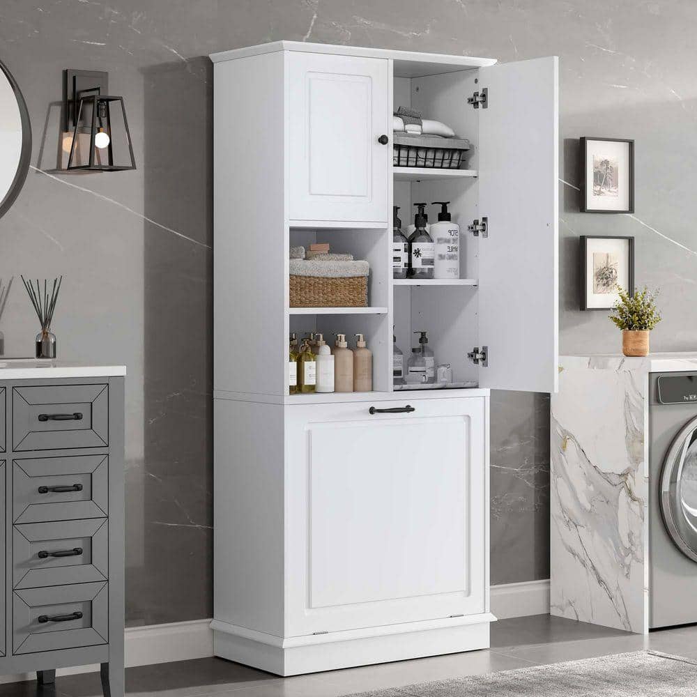 XUJMK 30 in. W x 14 in. D x 68 in. H White Linen Cabinet, Bathroom Storage Cabinet, Large Flip-Out Basket, Adjustable Shelves (3)