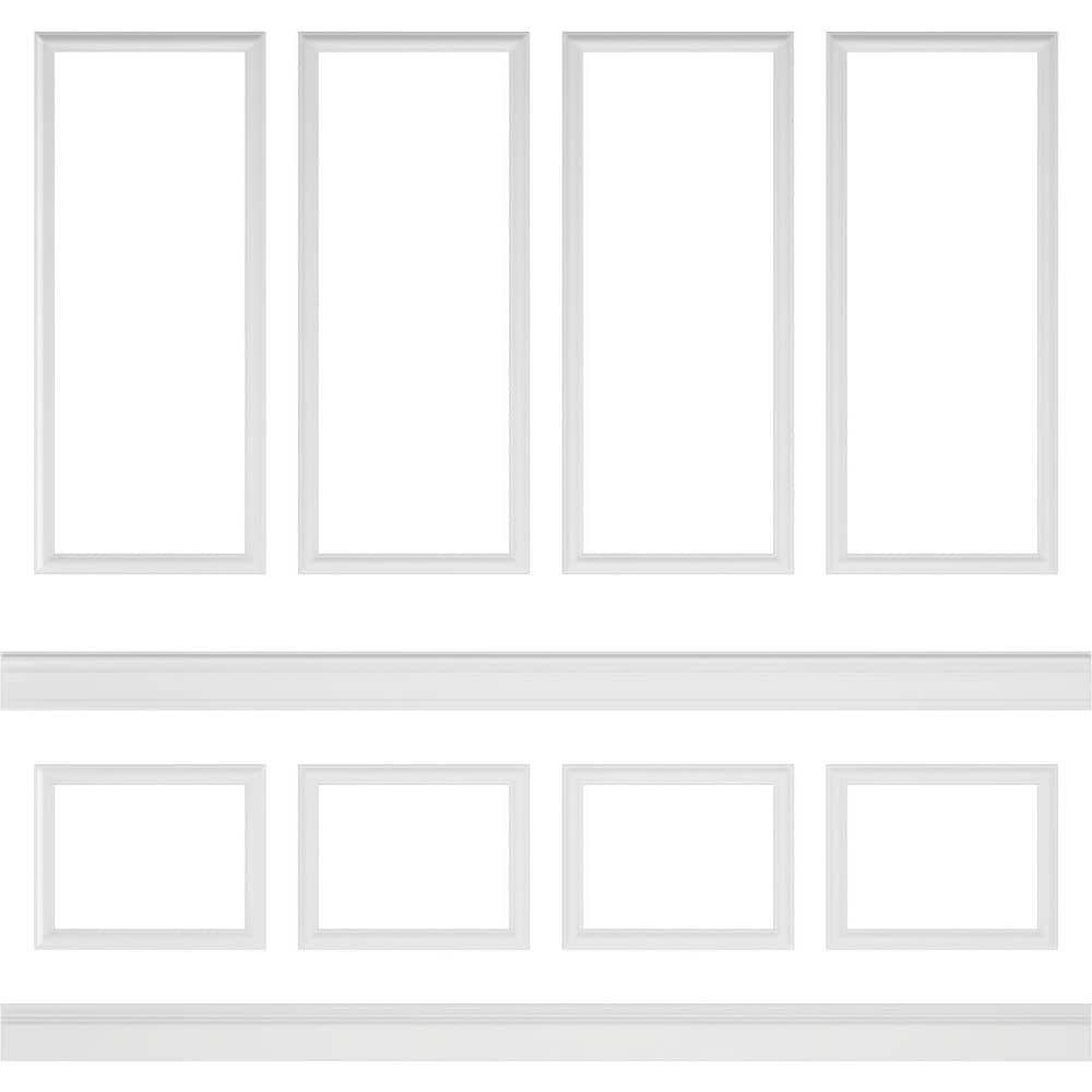 Ekena Millwork 94 1/2 in. (Adjustable 96 in. to 120 in.) 63 sq. ft. Polyurethane Ashford Square Panel Stacked Wall Wainscot Kit Primed (1)