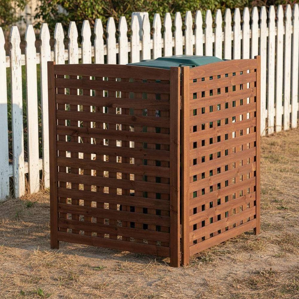 Unbranded 32 in. x 32 in. Dark Brown Wood 3-Panel Privacy Fence Screen Mesh Fabric Outdoor Air Conditioner Fence (3)