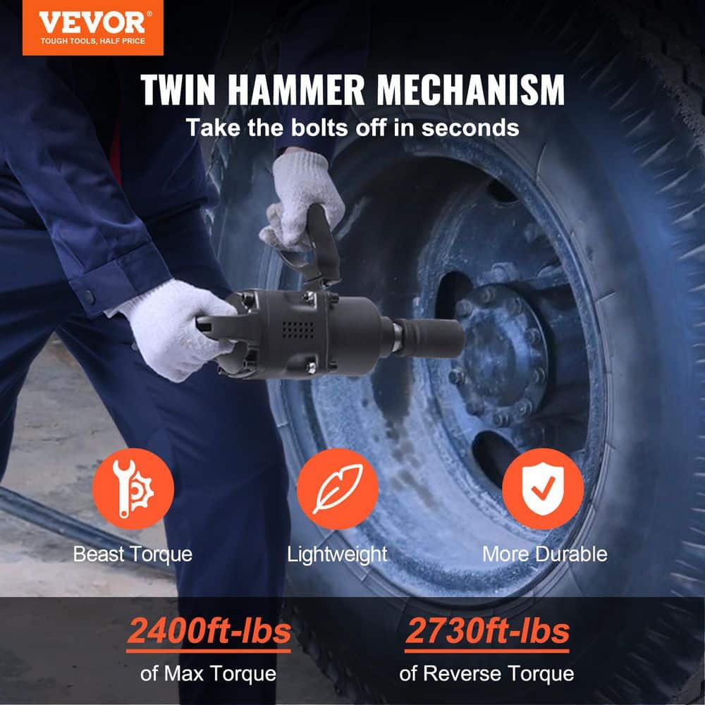 VEVOR 1 in. Air Impact Wrench Up to 2730 ft.-lbs. Reverse Torque Output 1 in. Pneumatic Impact Gun Lightweight with 2 Handles (2)