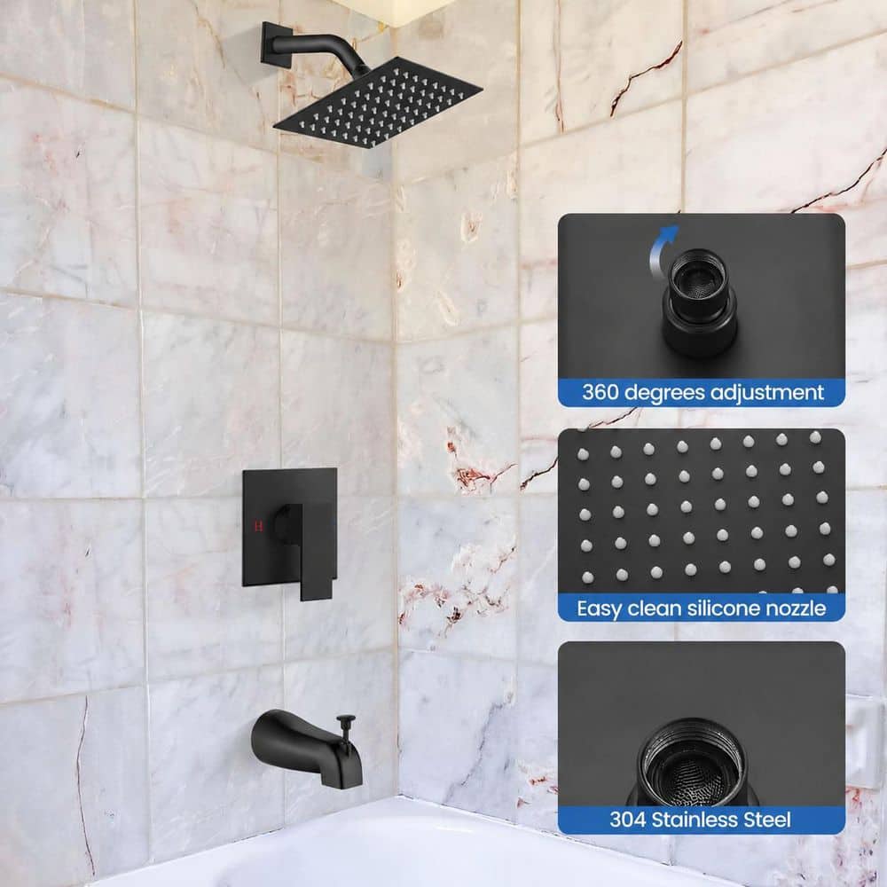 LAIFUCAM 1-Piece Shower Faucet Kit with Tub Spout and Rough-In Valve in Matte Black with Rainfall Shower Head (3)