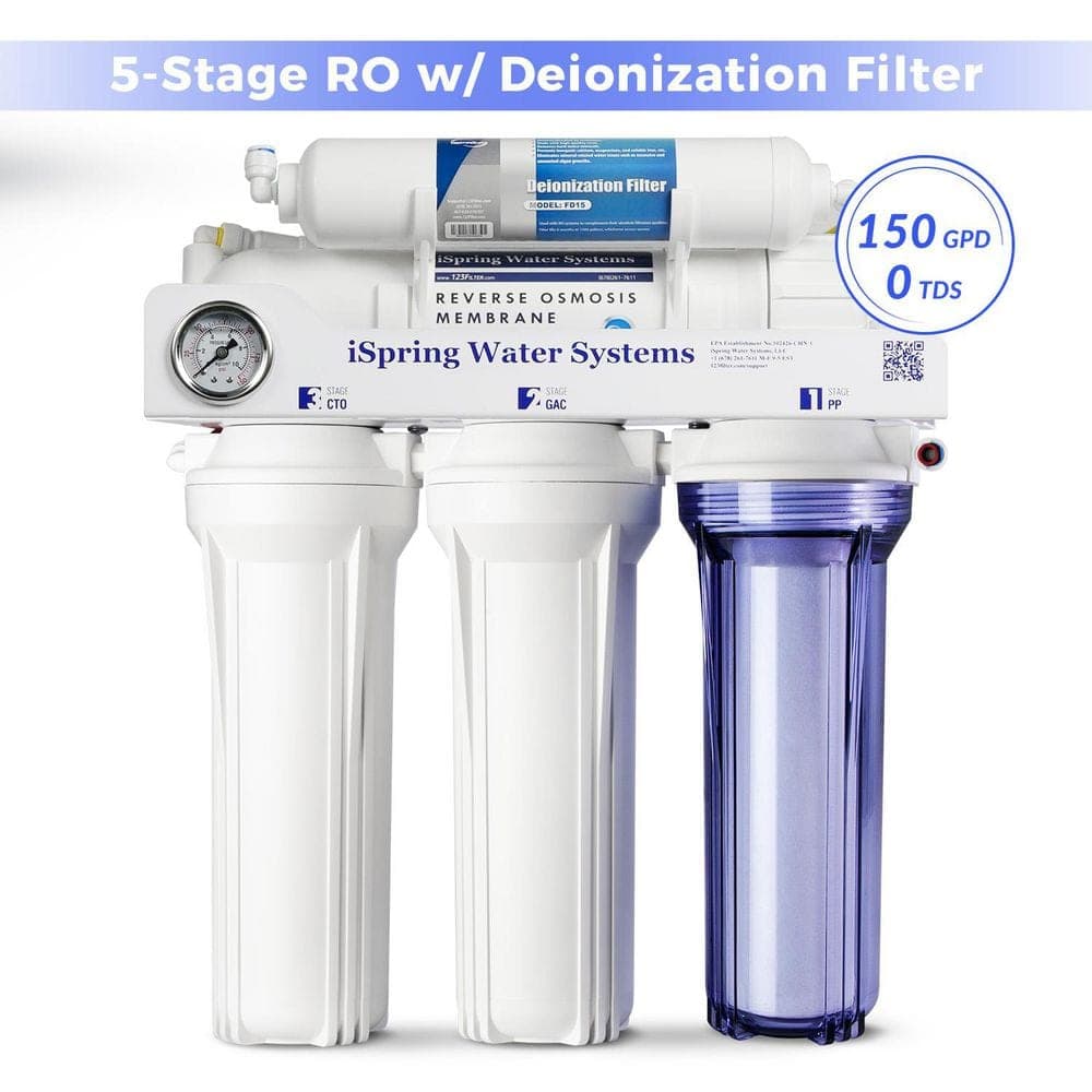 ISPRING 5-Stage 150 GPD Under Sink Tankless De-Ionization RO Water Filter System for Aquarium, Zero to Near Zero TDS Water