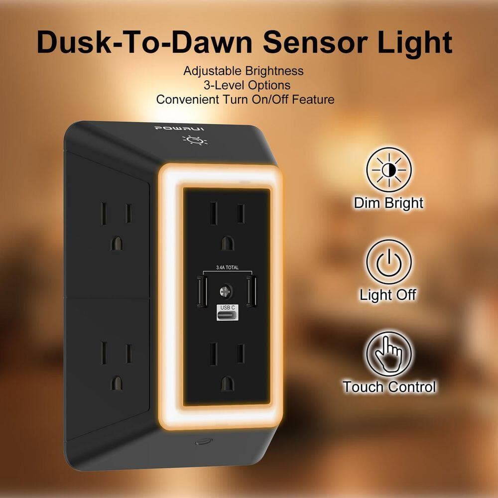 BIBIVIS Black 6-Outlet Extender Power Strip, 3-Sided Surge Protector Outlets with 3 USB Ports (1-USB C) and Night Light (3)