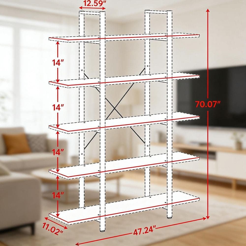 Unbranded 47.24 in. W x 70.08 in. H x 11.81 in. D Steel Rectangular 5-Tier Bookshelf Industrial Storage Shelf Unit in Brown (2)