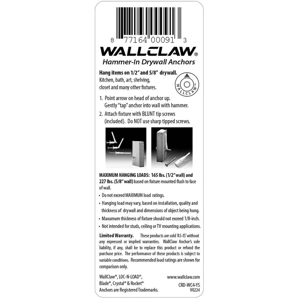 WallClaw LOC-N-LOAD Hammer-In Drywall Anchor 165 lbs. Max (4 Pack) with Screws - 1/2 in. x 2 in. (3)