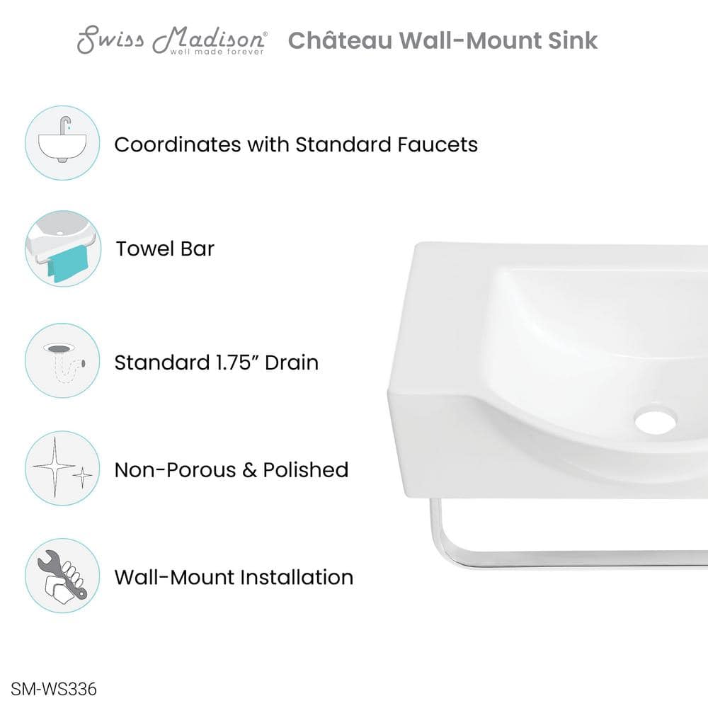 Swiss Madison Chateau 21.5 in. Right Side Faucet Wall-Mount Bathroom Sink with Chrome Towel Bar (2)