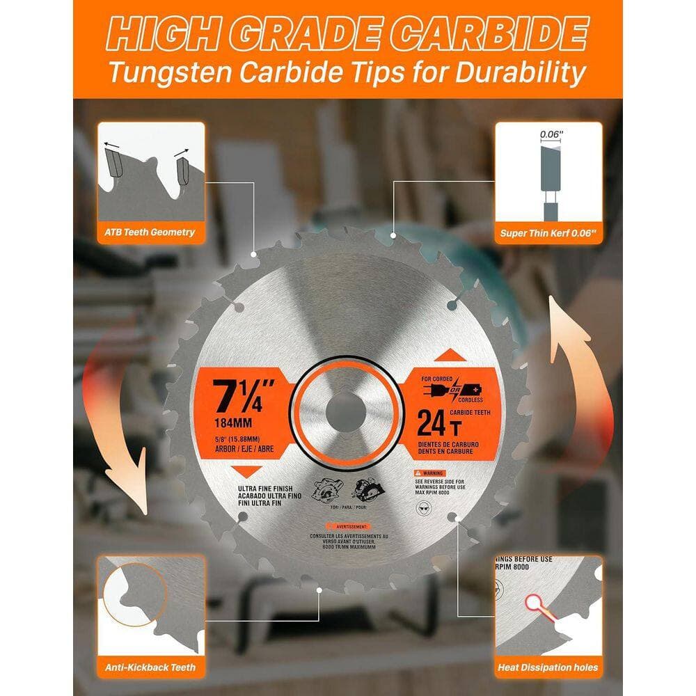 Unbranded 7-1/4 in. Circular Saw Blade 24T 40T 60T Carbide Teeth 5/8 Arbor 3-Pack Ideal for Softwood Hardwood Crosscutting (3)