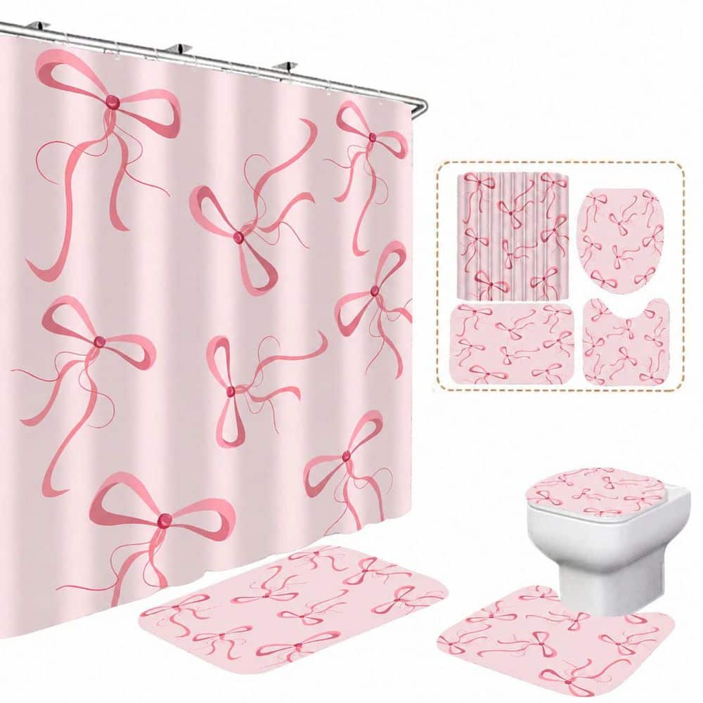 Anqtovp 70.8 in. W x 70.8 in. L Polyester Shower Curtain in Pink Bow Design 4Pcs Set Includes Curtain Lid Cover Mat Rug