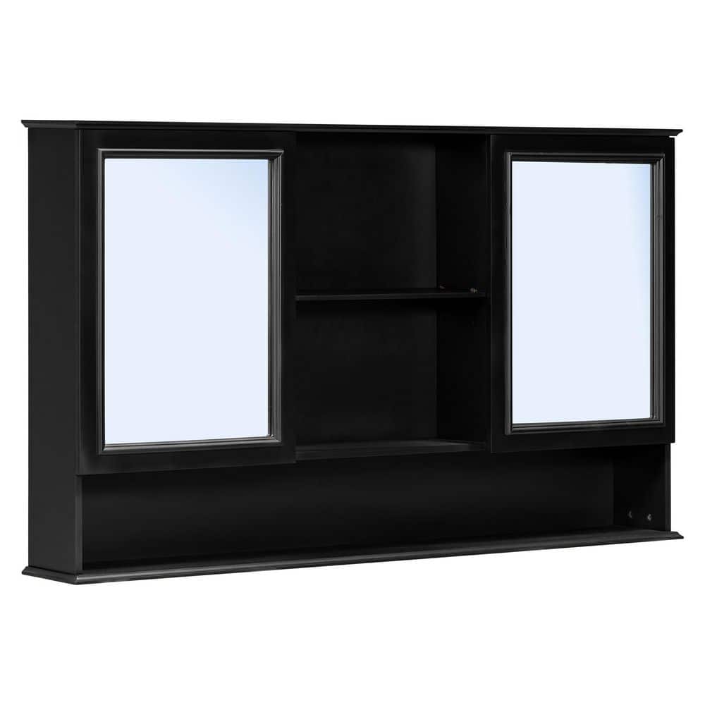 RKZHOPT 60 in. W x 35 in. H Black Rectangular Wood Medicine Cabinet with Mirror, Open Storage Shelves, Mirrored Bathroom Cabinet