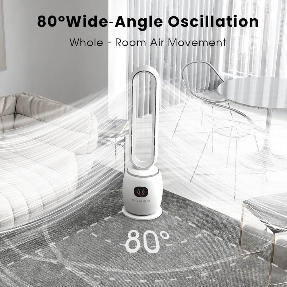 TMWINGS 35 in. Bladeless Fan, Quiet Cooling Air Circulating Floor Fan, 80° Oscillation Tower Fan with 12H Timer, 3 Speeds, White (3)