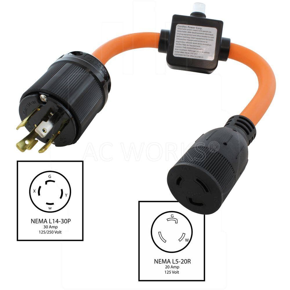 AC WORKS L14-30 Plug to L5-20 Connector with Inline 20A Breaker 1.5 ft. 10 / 3 STW Indoor/Outdoor Cord in Orange (2)