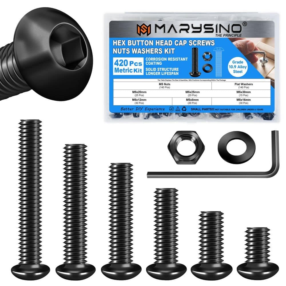MarySino M5 Hex Button Head Cap Screw and Bolt Assortment Kit, 10.9 Grade Alloy Steel (420-Piece) (1)