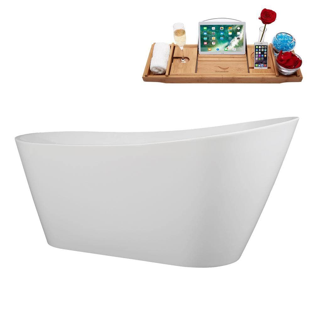 Streamline 60 in. x 29 in. Acrylic Freestanding Soaking Bathtub in Glossy White With Brushed Gold Drain, Bamboo Tray (3)