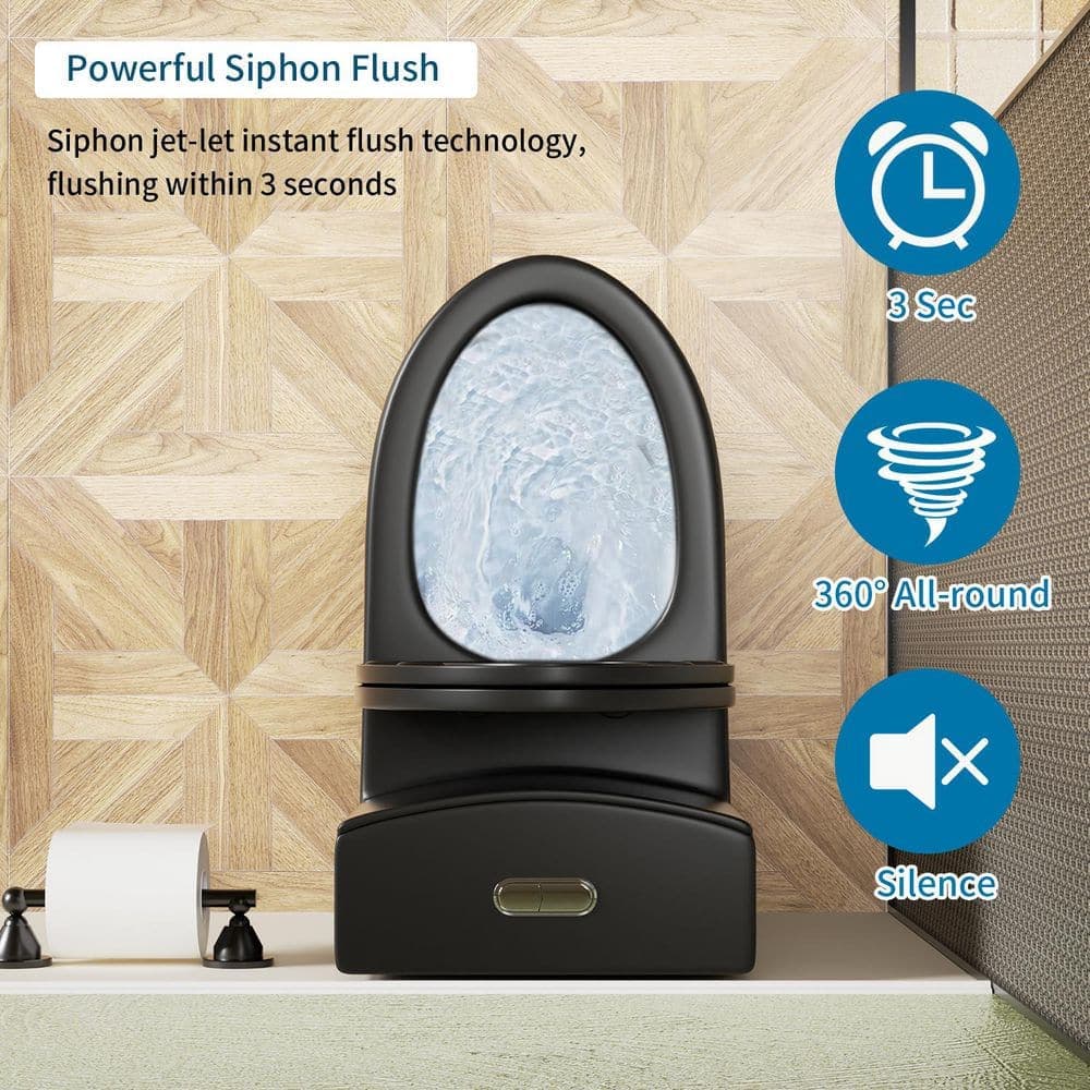 Unbranded 1-piece 1.1/1.60 GPF Dual Flush Elongated Toilet with Soft Closing Seat, Powerful Dual Flush MAP 1000g, Matte black (2)
