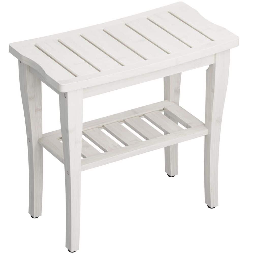 Anqtovp 24in W Freestanding Bamboo Shower Bench with Storage Shelf, Waterproof Spa Bath Seat for Indoor or Outdoor Use, White (1)