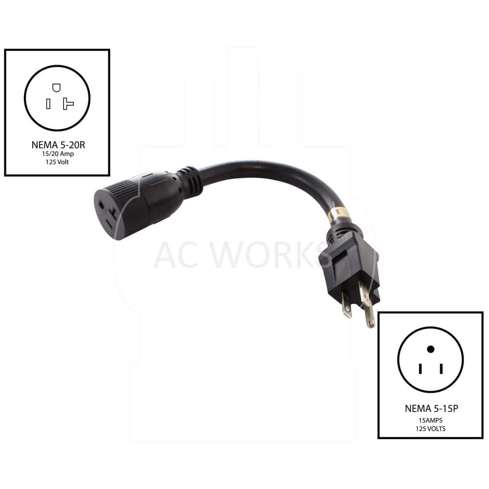 AC WORKS NEMA 5‑15P to 5‑15/20R 1 ft. Adapter 1 ft. 12/3 STW Indoor/Outdoor Cord in Black (2)