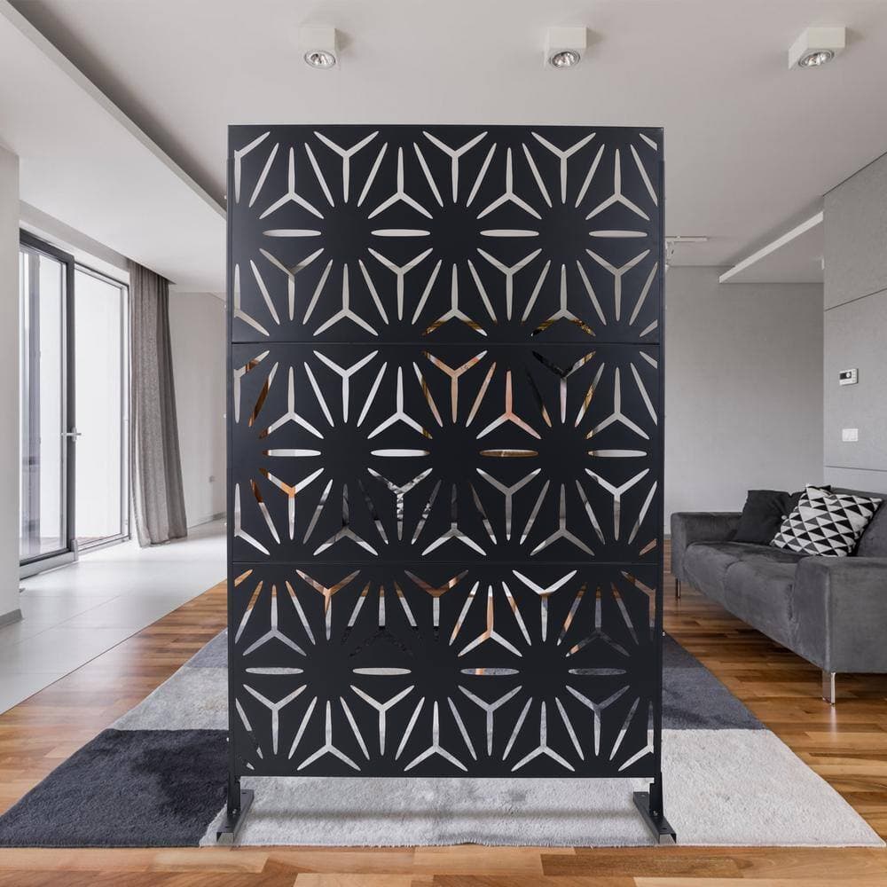 Unbranded 4 ft. x 6.3 ft. Black Steel Patio Privacy Fence Screen, Decorative Privacy Screen Panels for Deck Balcony Lawn Garden (3)