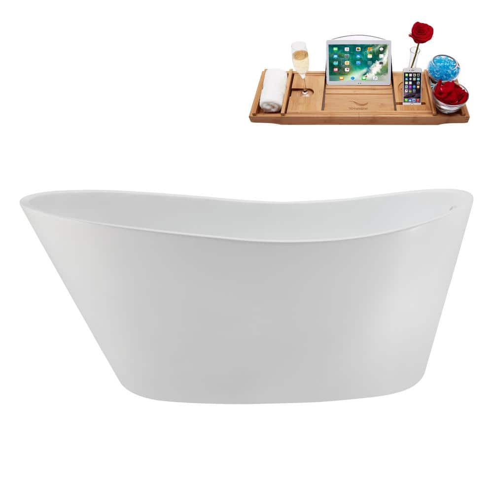 Streamline 59 in. x 28 in. Acrylic Freestanding Soaking Bathtub in Glossy White with Glossy White Drain, Bamboo Tray (2)