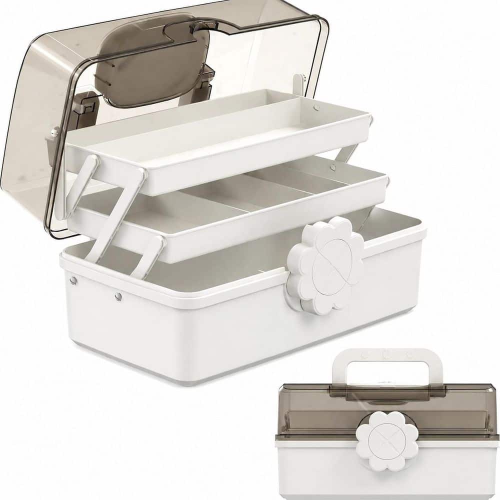 Anqtovp Portable Lockable Three-Layer Hair Tool Organizer with Handle White Plastic Multipurpose Storage Box (1)