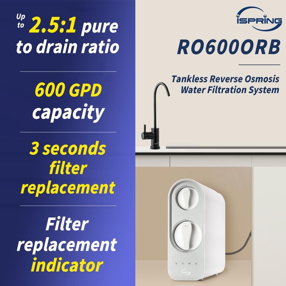 ISPRING Tankless Reverse Osmosis Water Filtration System, 600 GPD Fast Flow, Oil Rubbed Black Faucet, 2.5: Pure to Drain Ratio (2)
