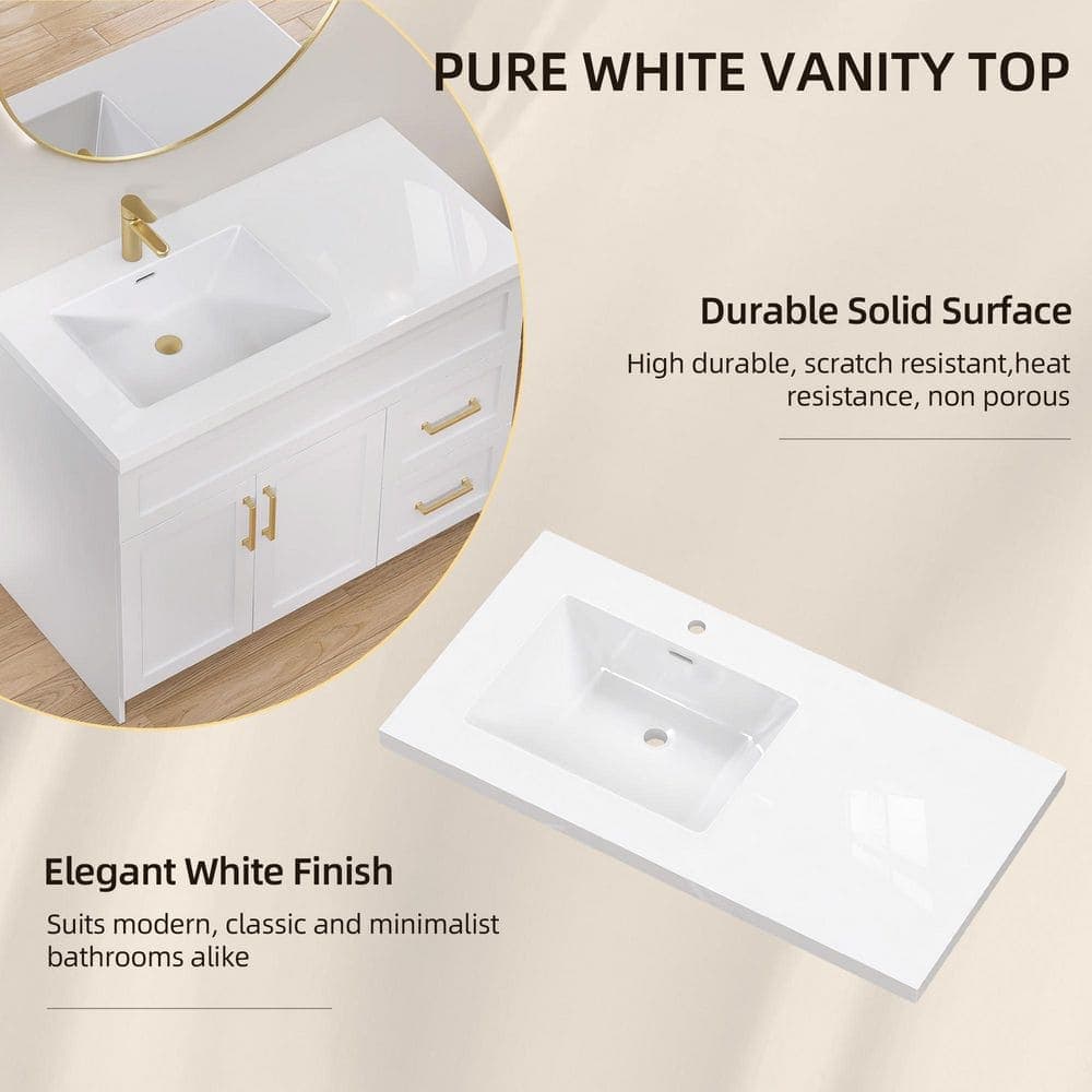 Zeafive Tor 42 in. W x 22 in. D Solid Surface Cultured Marble Vanity Top White Single Left Offset Sink Bathroom Basin Countertop (2)