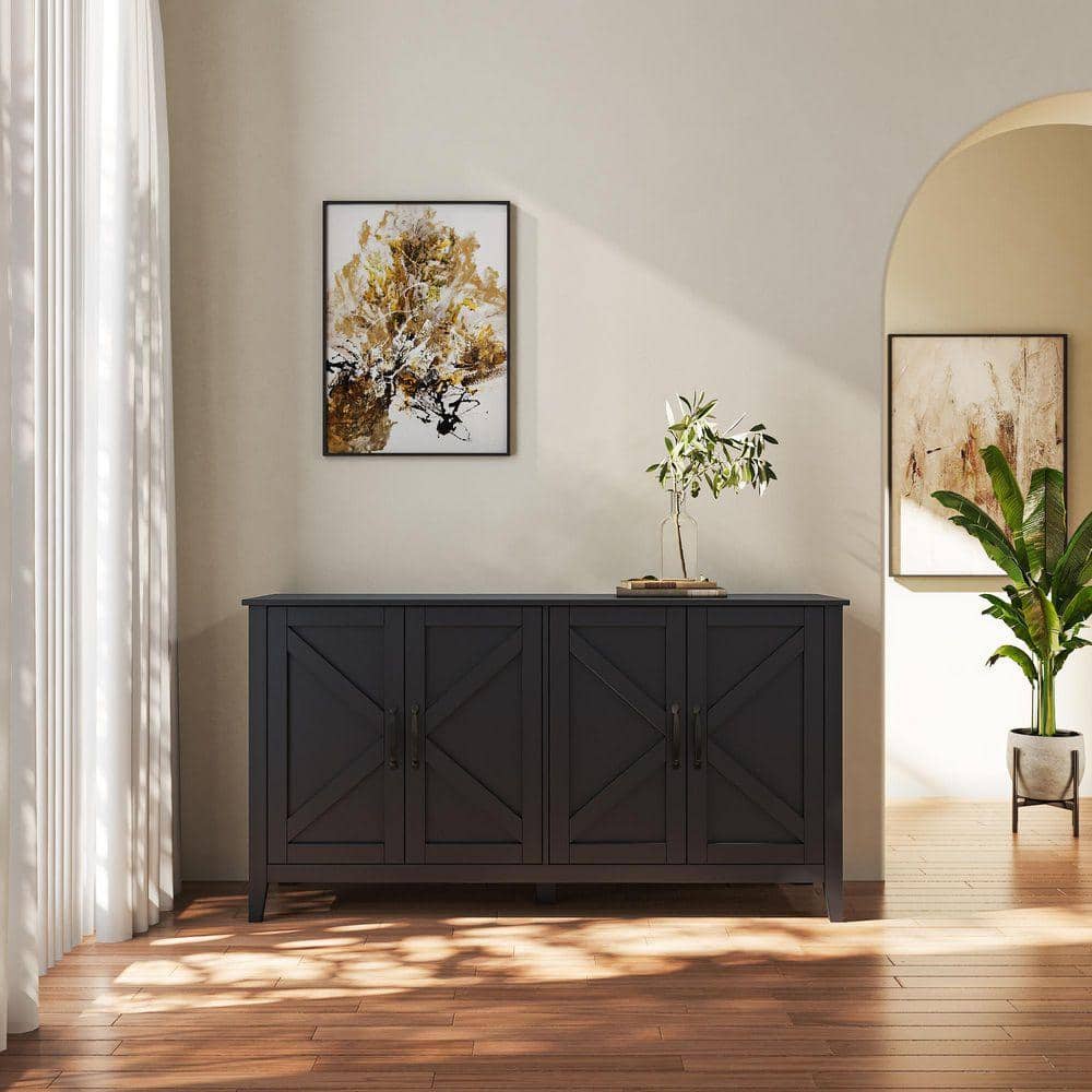 XUJMK 59 in. W x 16 in. D x 32 in. H Black Linen Cabinet, Cabinet with Door and Open Shelves, Sideboard Storage Cabinet (1)