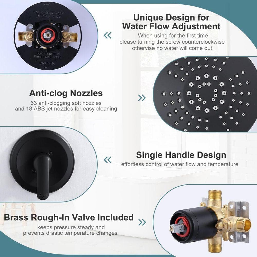 IVIGA Single Handle 5-Spray Shower Faucet 1.8 GPM Brass Pressure Balance Rough-In Valve Included in Matte Black (3)