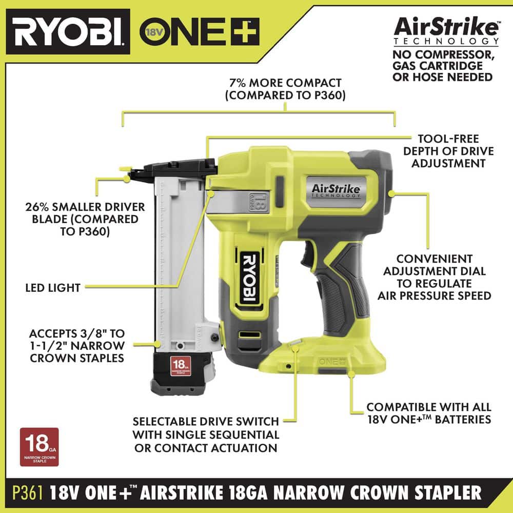 RYOBI ONE+ 18V Cordless 18-Gauge Brad Nailer with 18-Gauge Narrow Crown Stapler, 2.0 Ah Battery, and Charger (3)