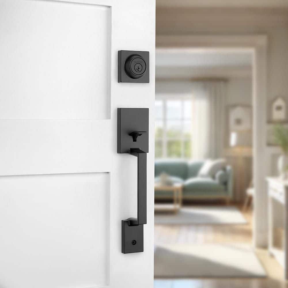 Kwikset Amador Matte Black Keyed Entry Single Cylinder Door Handleset with Hollis Door Handle Featuring SmartKey Security (2)
