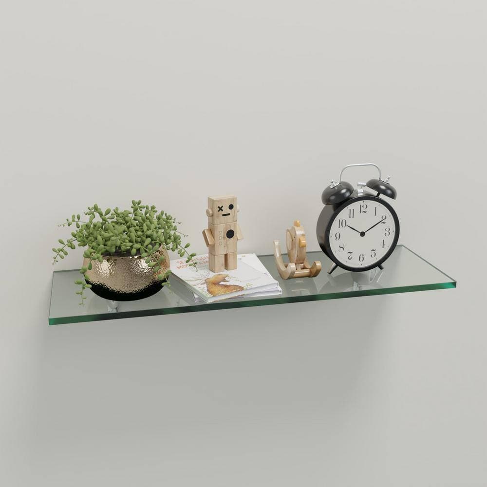 Fab Glass and Mirror 27 in. D 0.37 in. H 4-3/4 in. W. Floating Wall Mount Clear Glass Rectangular Shelf Chrome Brackets (3)