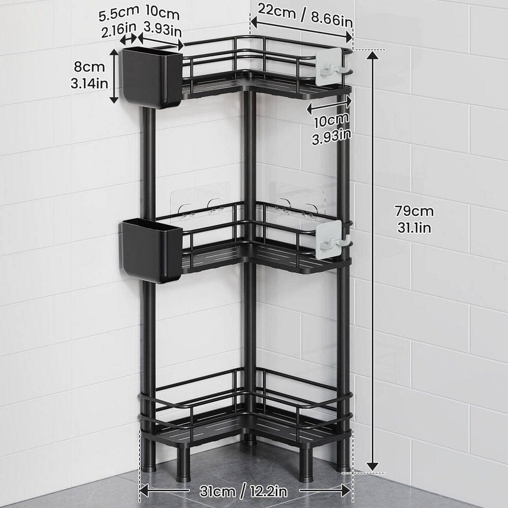 Numhew 3 Tier Sturdy Adjustable Legs Shower Caddy with Large Spacing, Toothbrush Holder, Hooks, Drainage and Rustproof in Black (2)