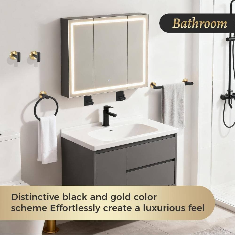 Unbranded 7-Piece Wall Mount 16 in. Black and Gold Bathroom Hardware Set Towel Holder Paper Holder Ring Hook Set (3)