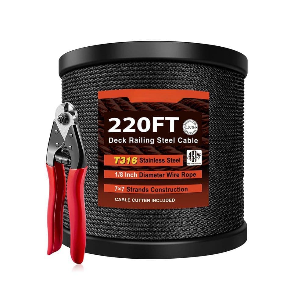 Laybus 1/8 in. x 220 ft. Black Stainless Steel Cable Railing System, 1800 LBS Breaking Strength, Comes with Wire Cutter (1)