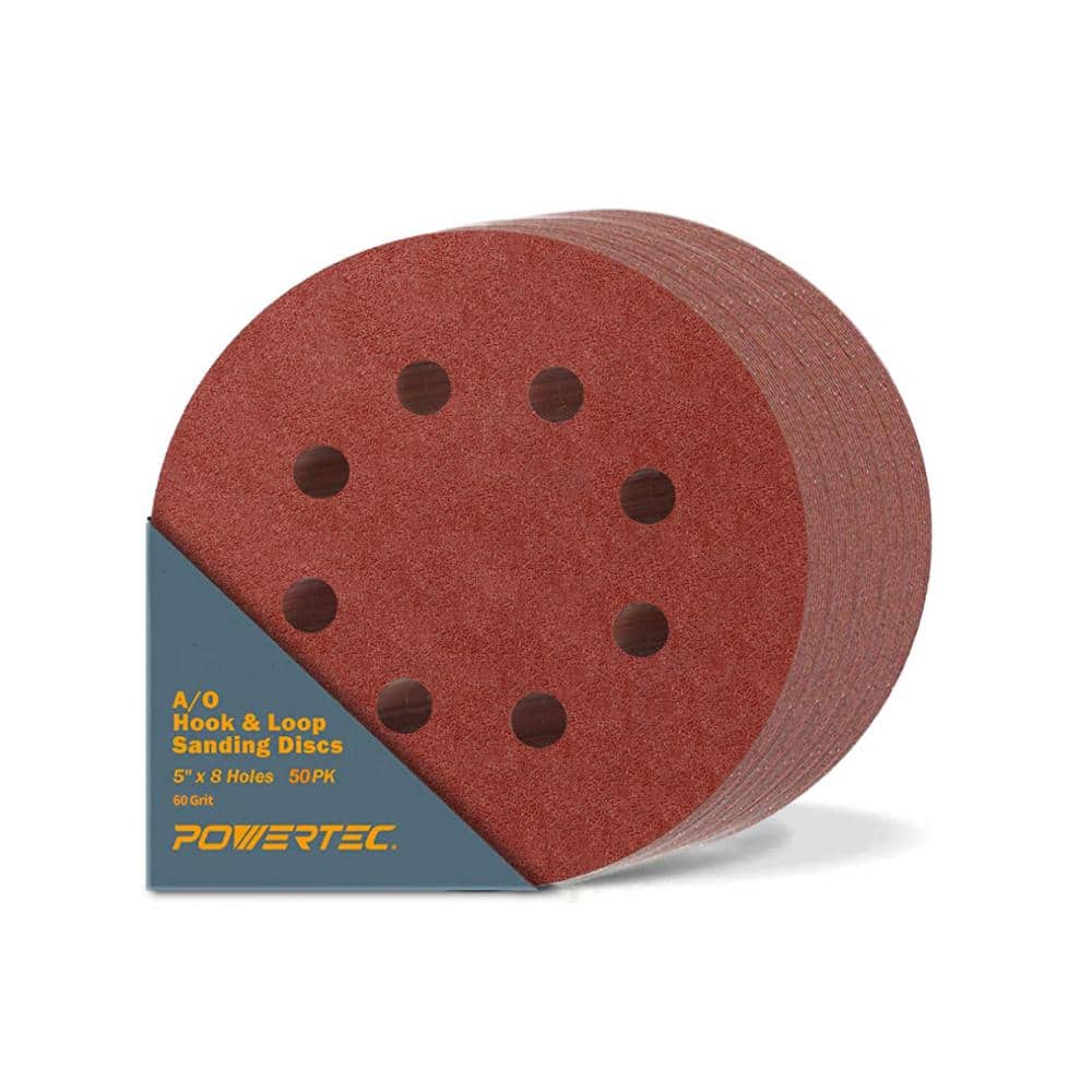 ‎POWERTEC 5 in. 60-Grit Aluminum Oxide Hook and Loop 8-Hole Sanding Disc for Random Orbital Sanders (50-Pack)
