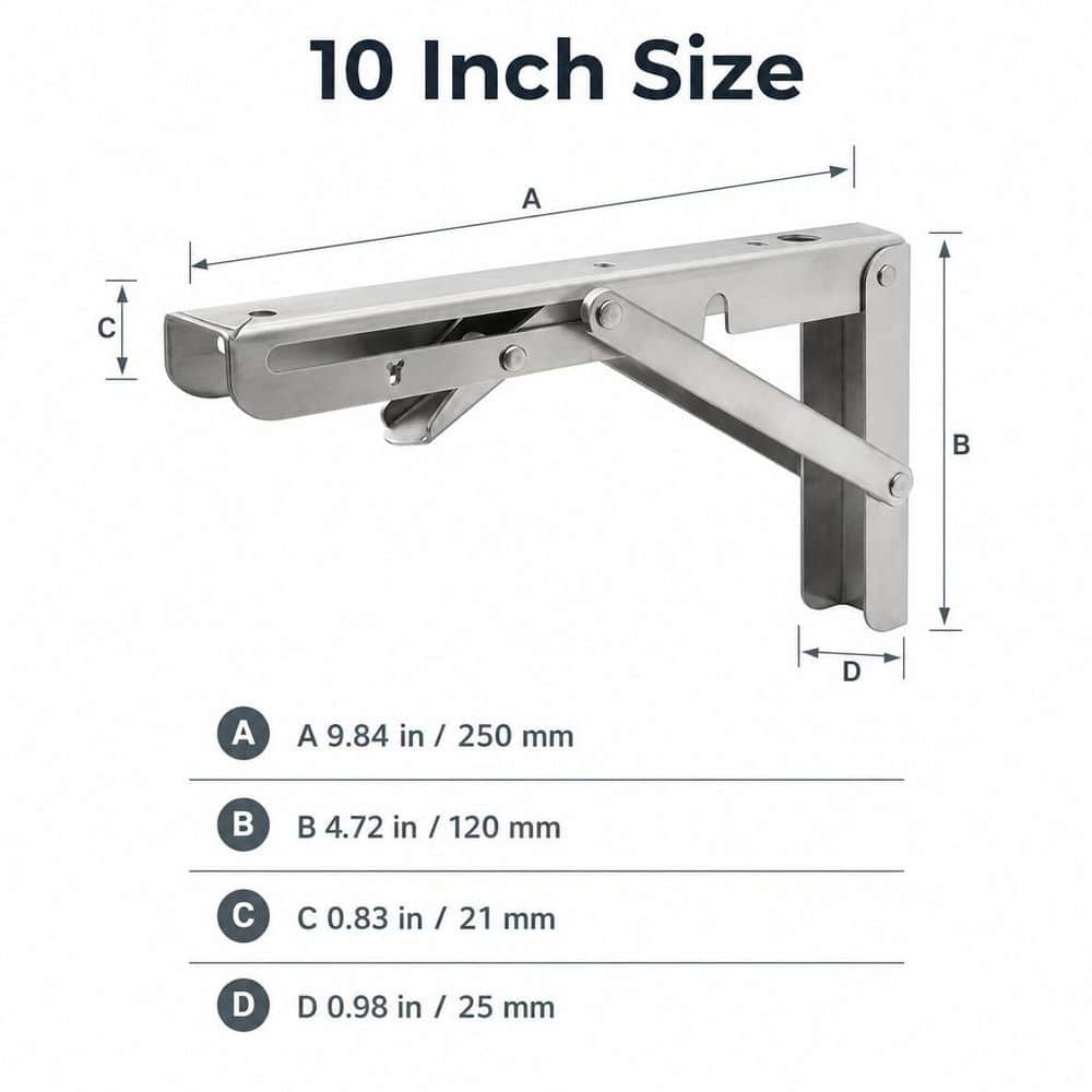 Numhew 2-Pcs 10 in. x 1 in. x 4.7 in. 300 lb. Stainless Steel Folding Wall Mounted Shelf Bracket in Silver for Space Saving DIY (2)