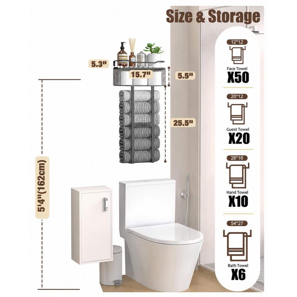 KHKFY 31 in. Wall Mounted Bathroom Towel Rack with Floating Wood Shelf, Holds 6 Large Rolled Towels, All Black (2)