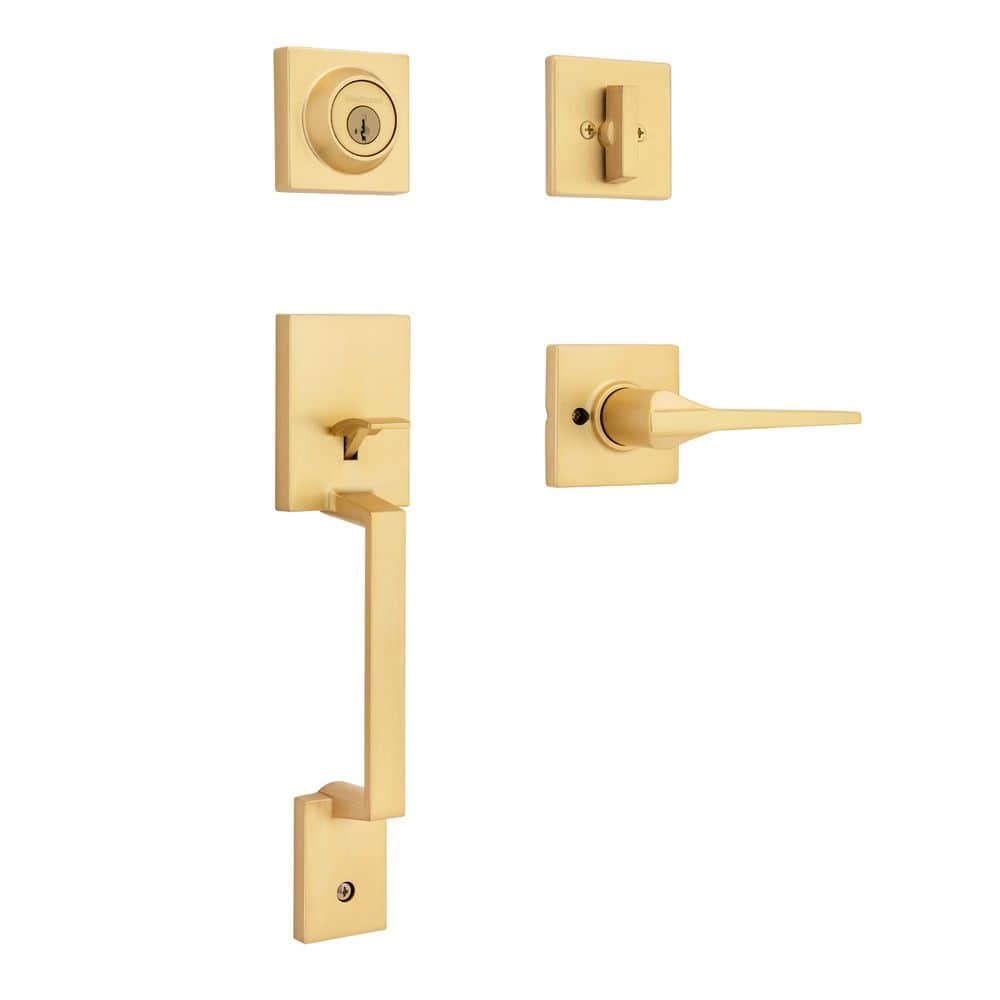Kwikset Amador Satin Brass Single Cylinder Keyed Entry Door Handleset with Hollis Interior Door Handle ft SmartKey Security