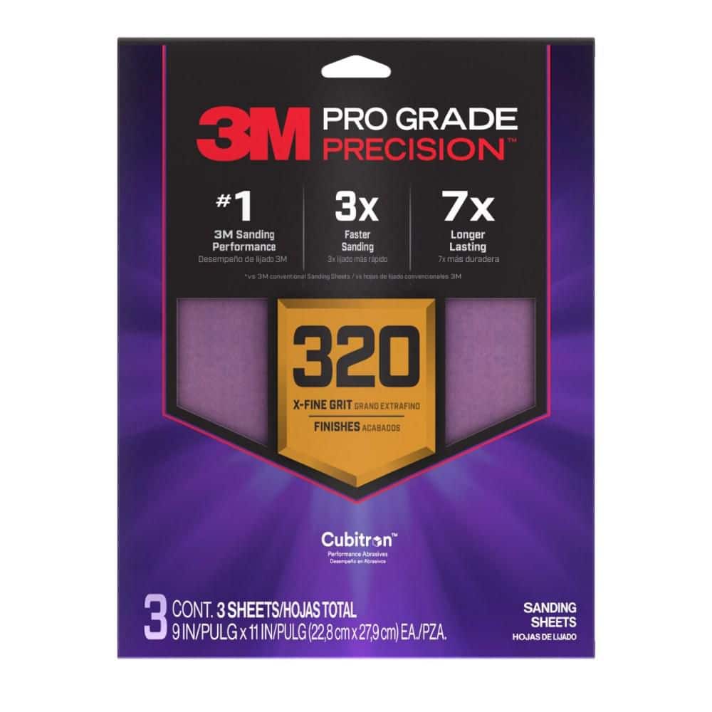 3M Pro Grade Precision 9 in. x 11 in. 320 Grit Faster Sanding Sheet With No-Slip Grip Backing (3-Pack)