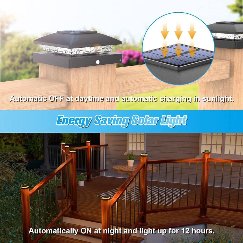 Afoxsos 4x4 Solar Post Cap Light Outdoor Waterproof Black Deck Cap Light Warm White 16-Pack for Wooden Cable Railing System (3)