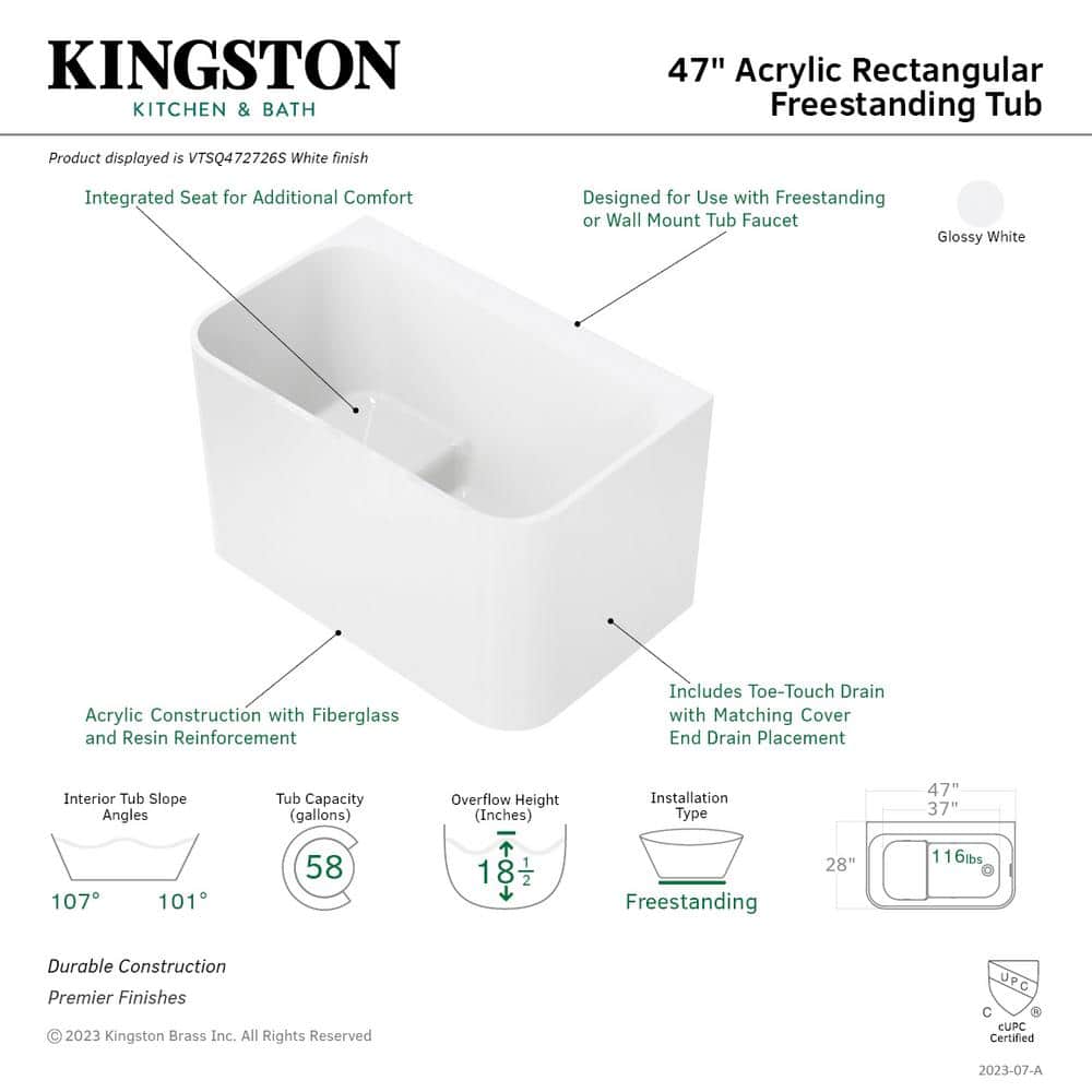 Kingston Brass Aqua Eden 47 in. x 28 in. Acrylic Freestanding Soaking Bathtub in Glossy White with Drain and Integrated Seat (2)