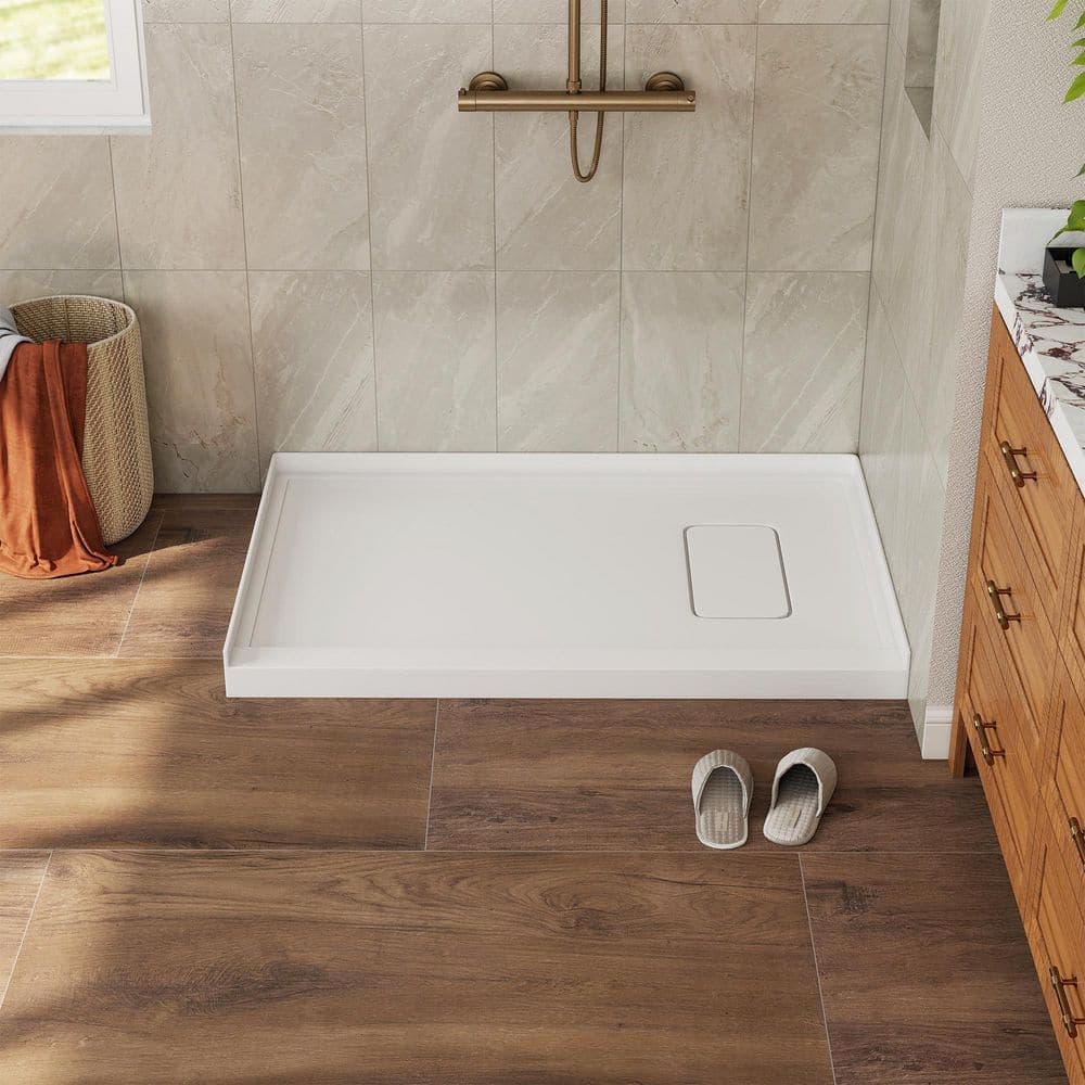 CASAINC 48 in. L x 32 in. W Alcove Shower Pan Base with Right Drain in White, Solid Surface Drain Cover Included (3)