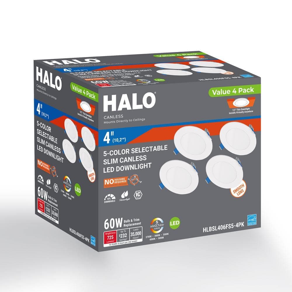 HALO 4-Pack HLBSL 4 in. Adjustable Canless Integrated LED Recessed Light, 600 Lumens, 5CCT, White (3)