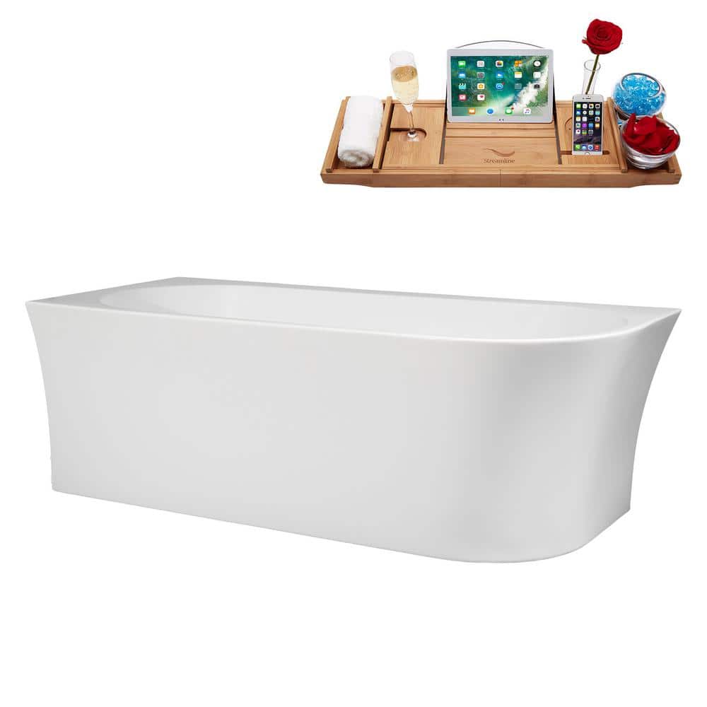 Streamline 67 in. x 30 in. Acrylic Freestanding Soaking Bathtub in Glossy White with Matte Black Drain, Bamboo Tray (2)