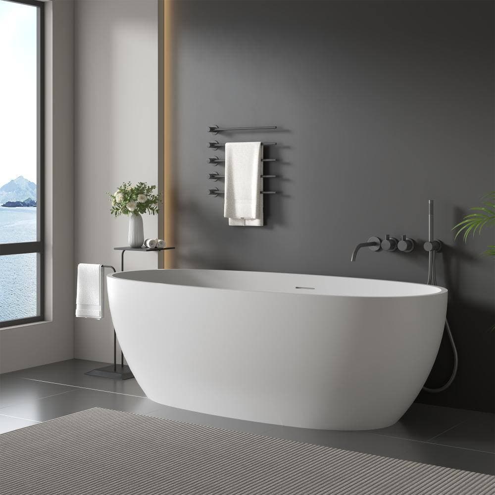 COWINER 55 in. Matte White Solid Surface Stone Resin Freestanding Flatbottom Soaking Bathtub with Center Drain (2)