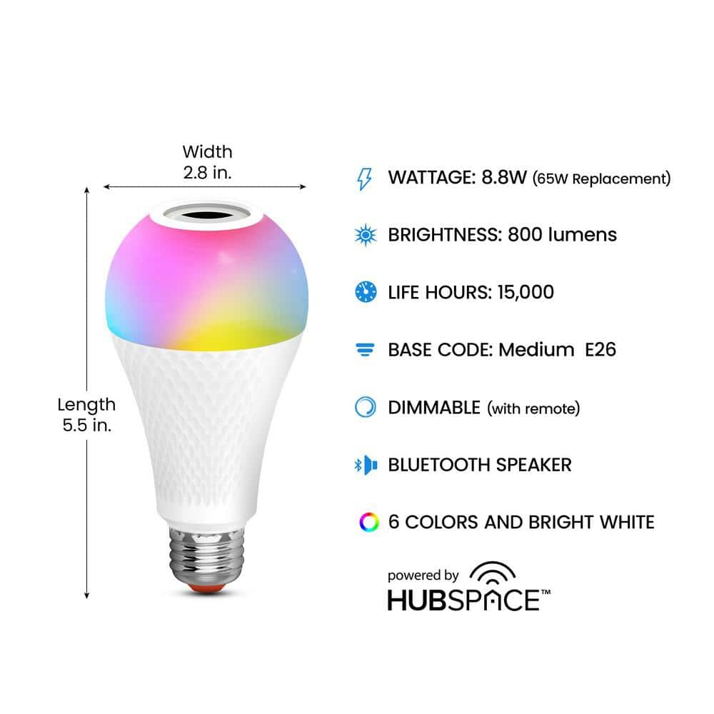EcoSmart 60-Watt Equivalent Smart A21 Bluetooth Speaker Color Selectable RGBW E26 Medium Base LED Light Bulb Powered by Hubspace (3)
