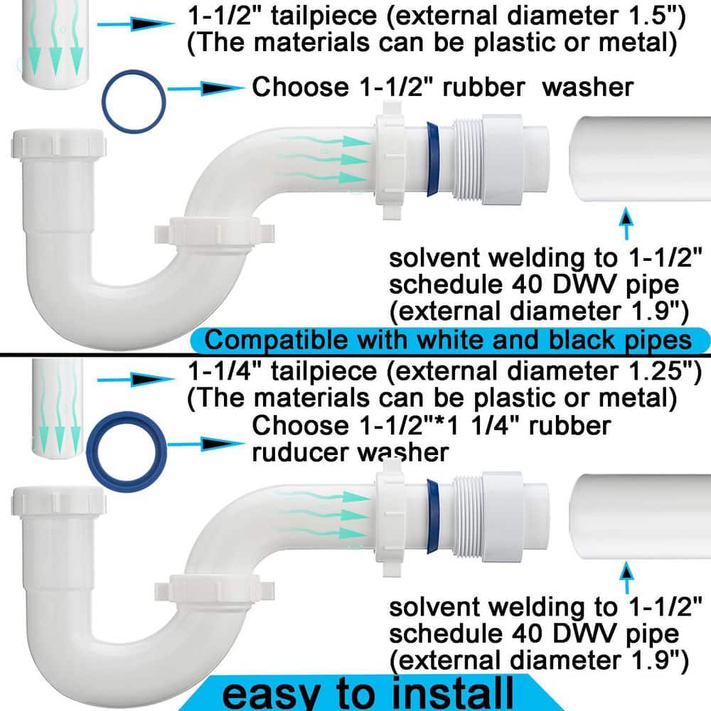 Helhom 1 Pack Fit 1-1/2 in. Plastic White P Trap for Bathroom Kitchen Sink Drain Pipe Tubular Kit with White Threaded Adapter (3)