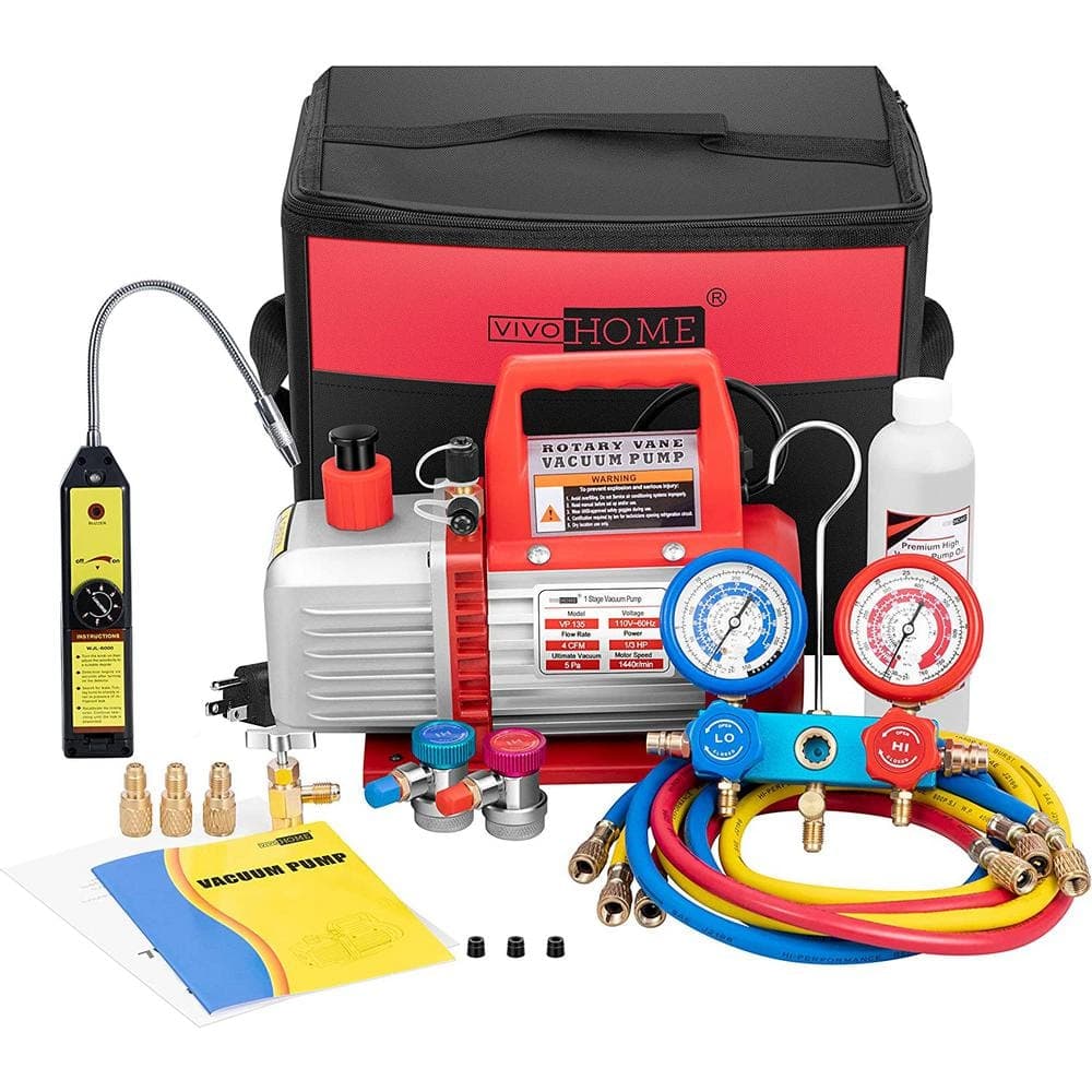 VIVOHOME 110V 1/3 HP 4CFM Single Stage Rotary Vane Air Vacuum Pump and R134a AC Manifold Gauge Set Kit with Leak Detector in Red (1)
