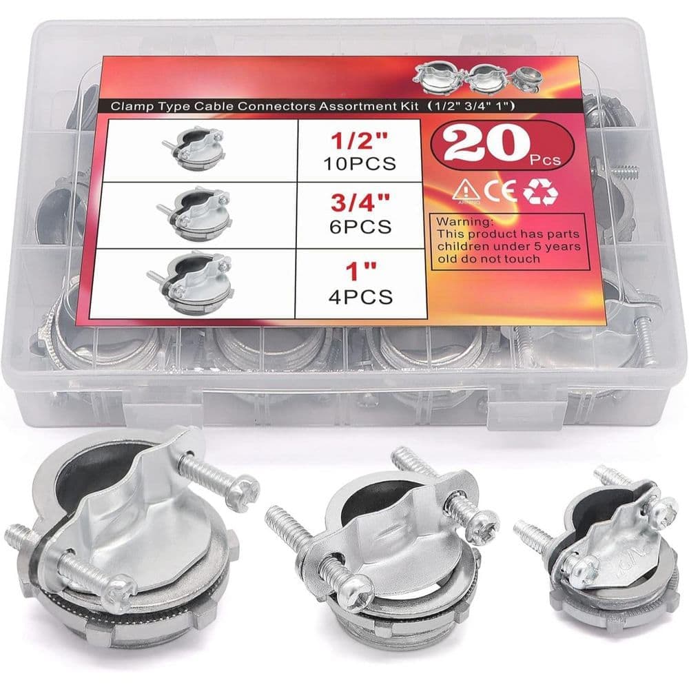 Ahfiwaso 1/2 in. 3/4 in. 1 in. Zinc Alloy Clamp Type Cable Connectors Assortment Kit Romex Cable Compatibility Silver (20-Pack) (1)